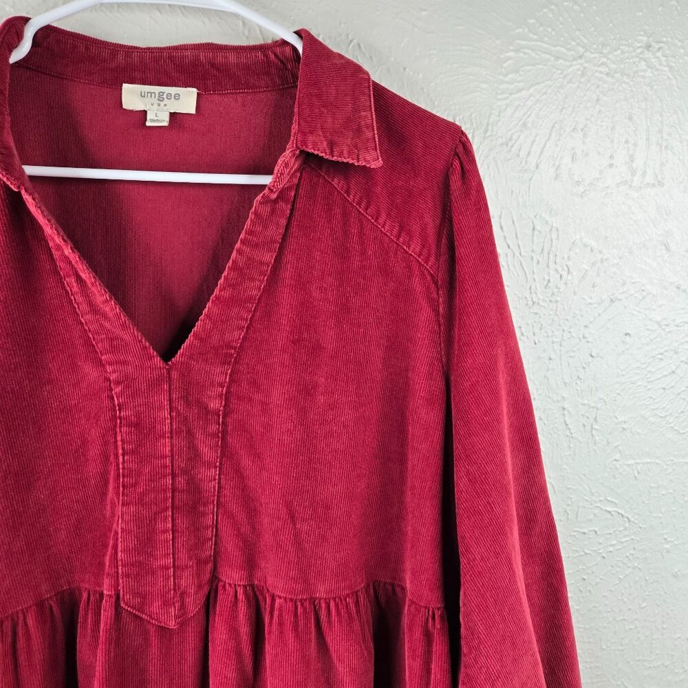 Umgee Tiered Dress Lrg Red Corduroy Boho Peasant Western Relaxed Fit Mini Shift - Picture 7 of 14